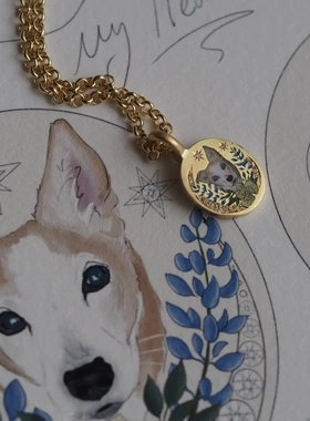 欧美独立站新款狗狗不锈钢彩绘影印项链炉内真空电镀18K金