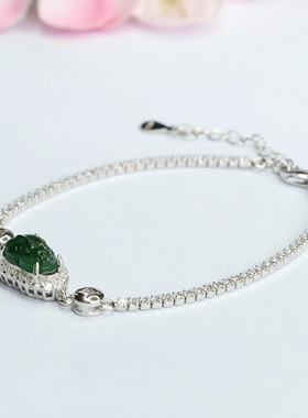 S925银镶天然A货翡翠手链冰种帝王绿招财进宝貔貅手串男女士饰品