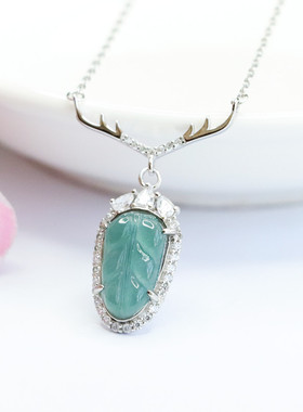 S925银镶天然翡翠吊坠蓝水金枝玉叶叶子项链挂件复古民族风女士款