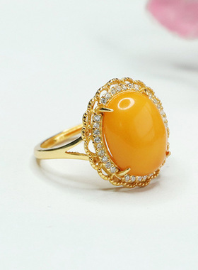 S925银镶天然琥珀戒指蜜蜡指环指圈新中式民族风女士款手饰品礼物