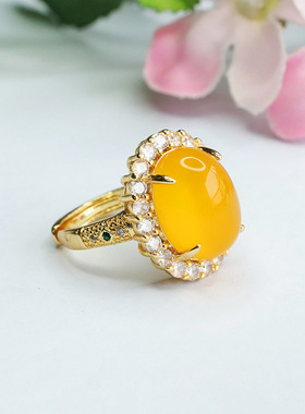 冰种玉髓戒指鸡油黄玛瑙指环新中式民族风手饰品女士款节日礼物