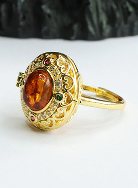 天然琥珀戒指花珀香囊指环可打开指圈女士复古民族风饰品节日礼物