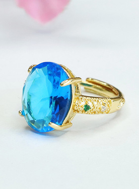 蓝色大颗戒指时尚个性轻奢风指环女士款礼品气质文雅大气饰品