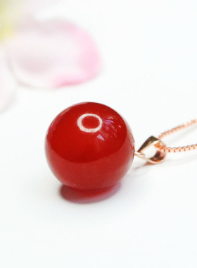S925银镶天然红玛瑙圆珠吊坠玉髓珠宝新中式民族风手饰品闺蜜礼物