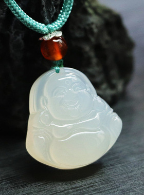 天然白玉髓吊坠玛瑙冰种弥勒笑佛公珠宝女士款项链时尚锁骨链