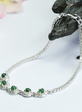 S925银镶天然A货翡翠蛋面手链冰种帝王绿珠宝排钻款女士气质时尚