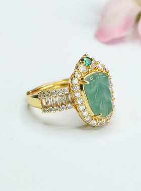 天然A货翡翠冰种金枝玉叶叶子排镶满钻戒指蓝水玉石树叶女士指环