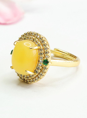 天然琥珀戒指蜜蜡指环指圈女轻奢珠宝女士款礼品气质文雅大气饰品