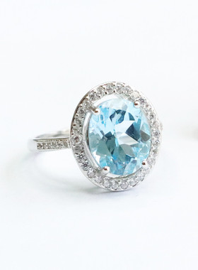 S925银镶天然瑞士蓝晶托帕石戒指彩宝珠宝女士款礼品气质时尚饰品