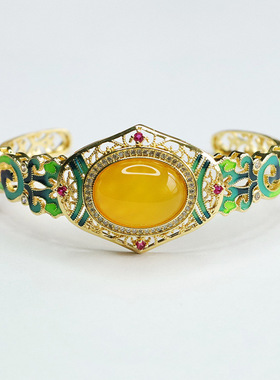 绿玛瑙手镯鸡油黄玉髓镯子珐琅彩新中式民族风手饰品女士款礼物