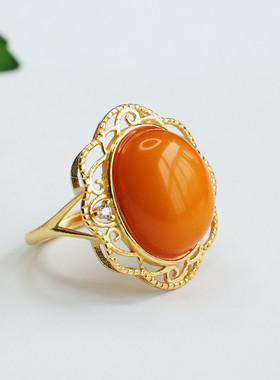 S925银镶天然蜜蜡戒指琥珀老料满蜜男女士复古民族风饰品节日礼物