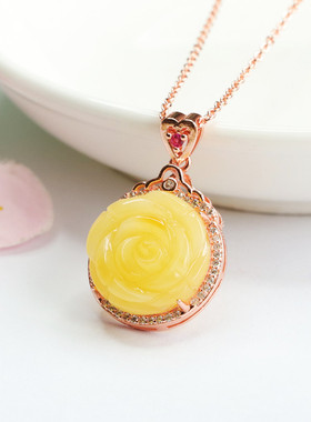 S925银镶天然蜜蜡吊坠鸡油黄花花琥珀珠宝新中式民族风饰品礼物