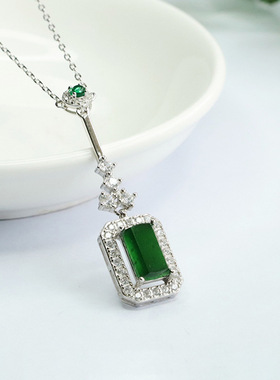 S925银镶天然A货翡翠吊坠帝王绿无事牌项链女士款礼品气质饰品