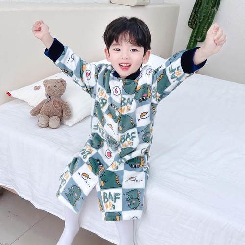 宝宝睡袍秋冬季儿童珊瑚绒加厚法兰绒男女童恐龙睡衣长款连帽浴袍 - 图2