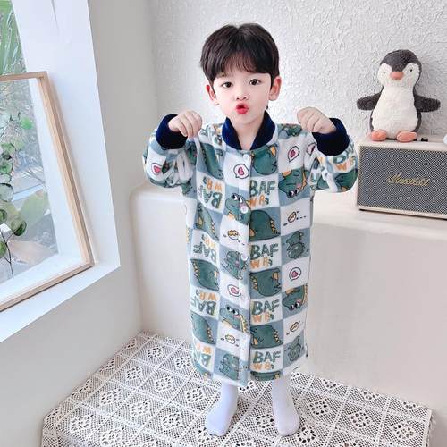 宝宝睡袍秋冬季儿童珊瑚绒加厚法兰绒男女童恐龙睡衣长款连帽浴袍 - 图0