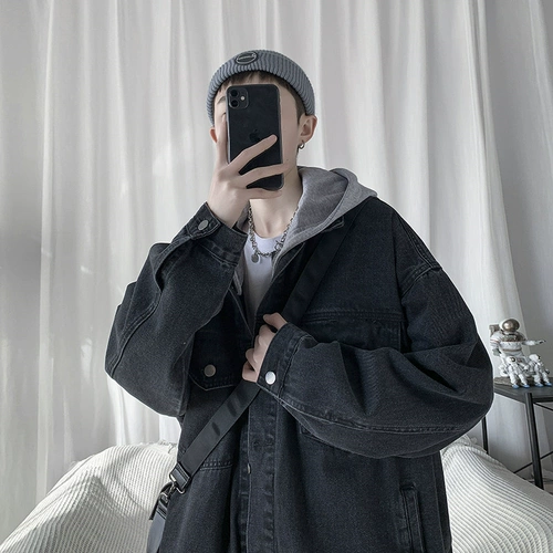 Мужская трендовая модная джинсовая куртка с капюшоном, в корейском стиле, оверсайз, коллекция 2021