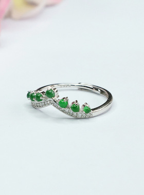 S925银镶天然A货翡翠戒指皇冠冰种帝王绿指环女士款礼品气质饰品