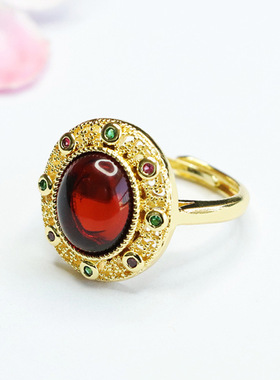 天然琥珀戒指血珀指环指圈新中式民族风手饰品女士款时尚个性礼物