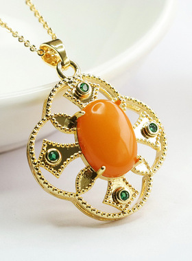 天然琥珀吊坠老蜜蜡花瓣项链珠宝花朵首饰女士复古民族风饰品礼物