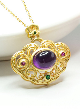 天然紫水晶吊坠紫色宝石如意项链复古女士款新中式民族风时尚饰品