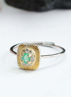 S925银镶天然祖母绿戒指指环彩宝女士款礼品气质文雅大气饰品