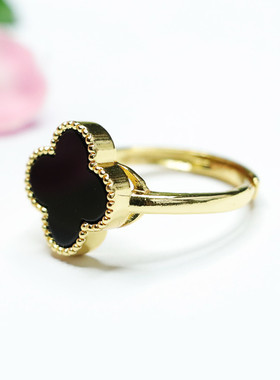 天然黑玛瑙四叶草活口戒指可调节玉髓珠宝民族风手饰品指环戒圈