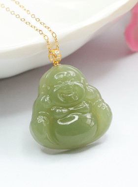 18k金镶天然和田玉吊坠佛公玉石珠宝弥勒笑佛项链女士古风锁骨链