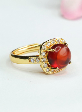 天然琥珀戒指血珀指环指圈民族风珠宝女士款百搭简约时尚饰品礼品