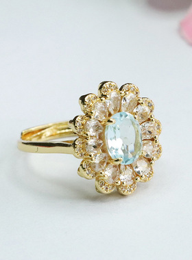 天然托帕石戒指欧美蓝色宝石指环玉石指圈复古民族风饰品节日礼物