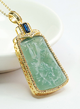 天然翡翠A货蓝水吊坠冰种吉祥山水牌玉石项链男女士百搭简约饰品