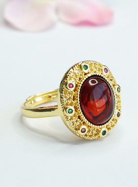 天然琥珀戒指血珀指环指圈新中式民族风个性手饰品情侣闺蜜礼物