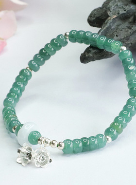 天然A货翡翠手串蓝水算盘珠S925银铃兰花手链女士款礼品气质百搭