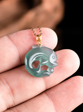 正品天然A货翡翠蓝水海豚玉石吊坠18K金镶冰种挂坠时尚女款