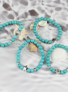 新款绿松石串珠手链民族风十字架海龟眼睛猫手串波西米亚手饰