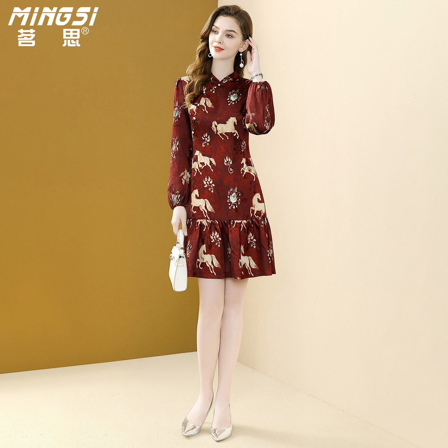 茗思新中式旗袍连衣裙女2026春季新款人丝国风盘扣印花显瘦鱼尾裙,淘宝优惠券,粉丝福利购,淘宝优惠卷