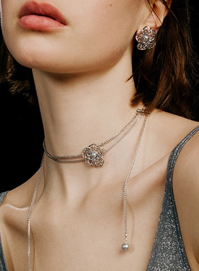 珍珠蕾丝花垂坠925纯银项链