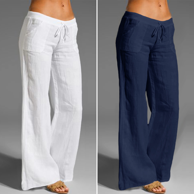 Women's High Waist Wide Leg Pants Cotton Linen Casual Pa - 图0