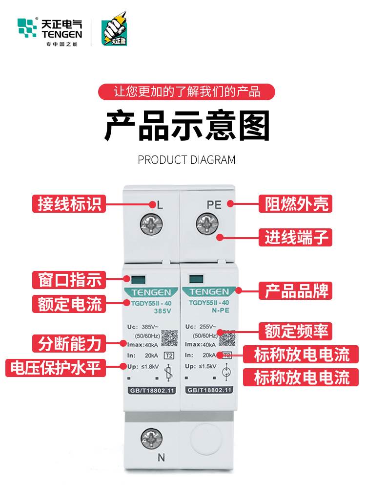 天正TGDY55II浪涌电涌保护器2P4P防雷避雷器20KA40KA二级380V家用 - 图0