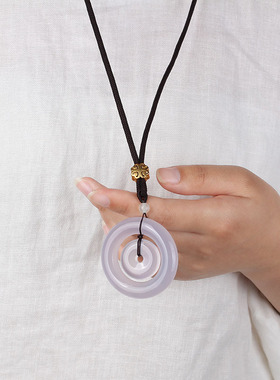 玛瑙玉髓平安扣子母扣玉石长款项链简约百搭男女高档毛衣链饰气质