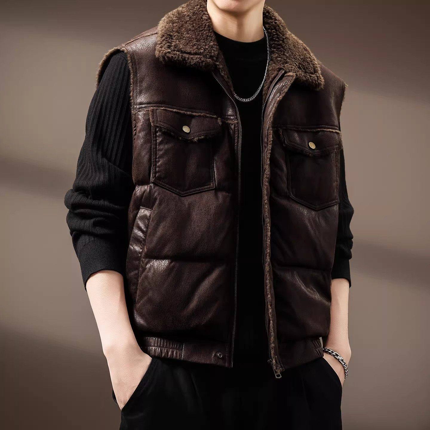 大码裂纹皮加厚羊羔绒翻领棉衣马甲男士外套秋冬美式保暖棉服背心,淘宝优惠券,粉丝福利购,淘宝优惠卷