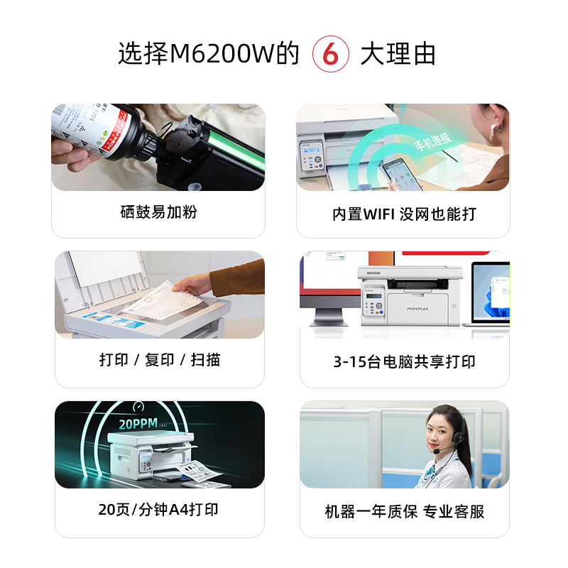 奔图M6200W激光打印机一体机家用办公无线wifi打印复印扫描三合一多功能打印机学生作业家用办公 - 图3