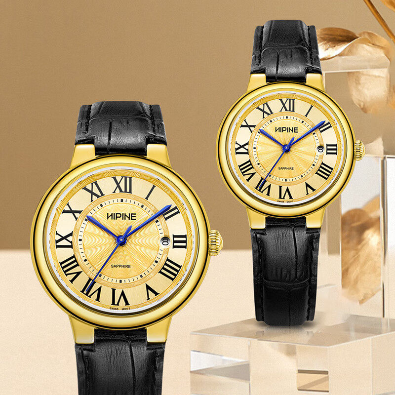 HIPINE西普尼999足金复古罗马石英小圆盘手表男士黄金情人节礼物