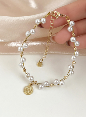 金色复古珍珠款手链女生