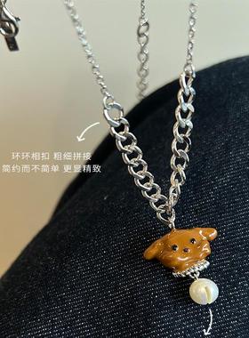 MARSEVEN 小狗系列铃铛珍珠小狗项链S925银高级感原创设计锁骨链