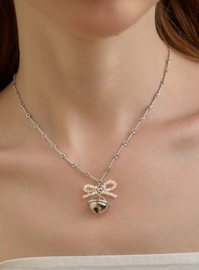 MARSEVEN 闪光派对系列珍珠蝴蝶结铃铛项链S925银链原创小众设计