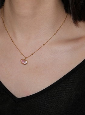 MARSEVEN 闪光的心2系列花边双爱心粉贝母项链S925银高级感锁骨链