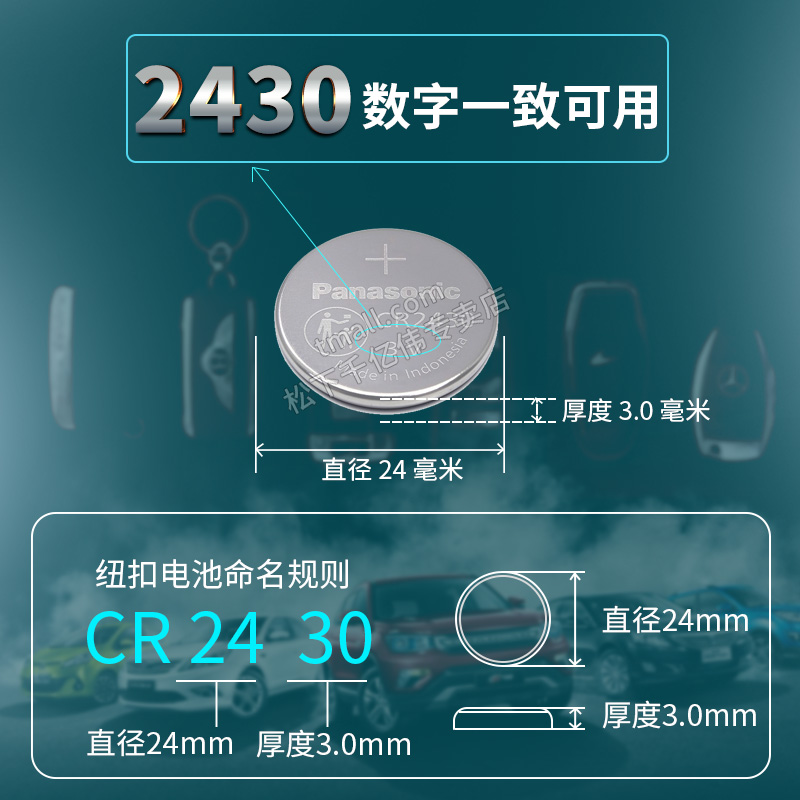 松下CR2430纽扣电池3V汽车遥控器钥匙锂电子Panasonic原装进口GR圆形Lithiumcell型号cell ce索尼C2430H DR-图1