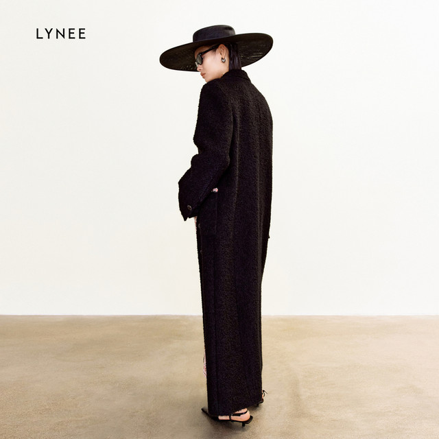 【福利】LYNEE 小香风撞色花边直身大衣女长款毛呢外套