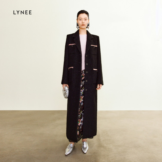 【福利】LYNEE 小香风撞色花边直身大衣女长款毛呢外套