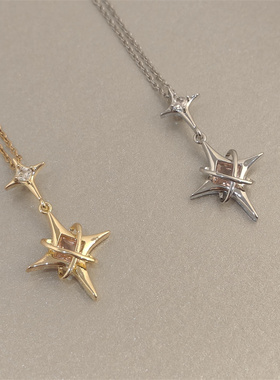 古着感金色闪钻四芒星项链